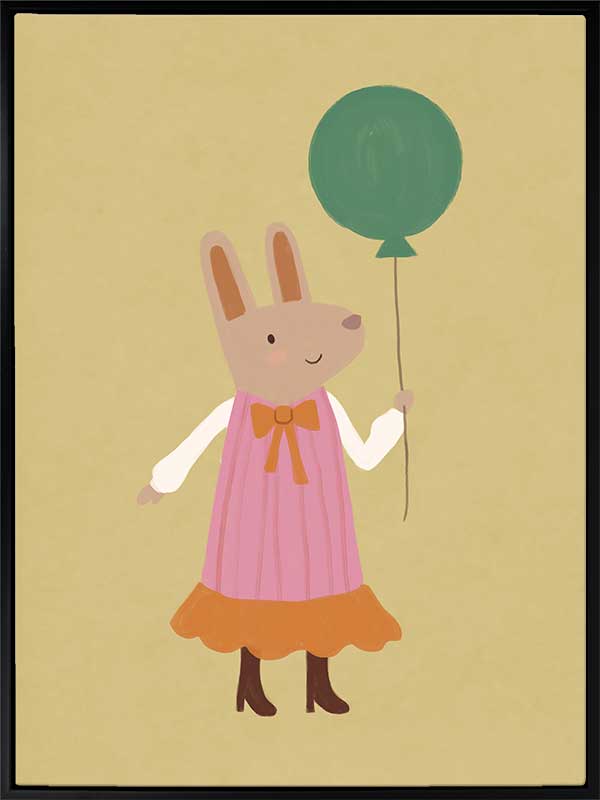 Rabbit in a pink striped dress holding a green balloon on a warm gold backdrop with pink accents, from the Little Tails Collection by Urban Road.
