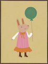 Rabbit in a pink striped dress holding a green balloon on a warm gold backdrop with pink accents, from the Little Tails Collection by Urban Road.