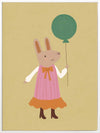 Rabbit in a pink striped dress holding a green balloon on a warm gold backdrop with pink accents, from the Little Tails Collection by Urban Road.