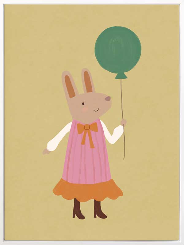 Rabbit in a pink striped dress holding a green balloon on a warm gold backdrop with pink accents, from the Little Tails Collection by Urban Road.