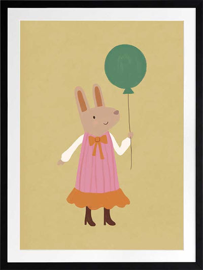 Rabbit in a pink striped dress holding a green balloon on a warm gold backdrop with pink accents, from the Little Tails Collection by Urban Road.