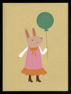 Rabbit in a pink striped dress holding a green balloon on a warm gold backdrop with pink accents, from the Little Tails Collection by Urban Road.