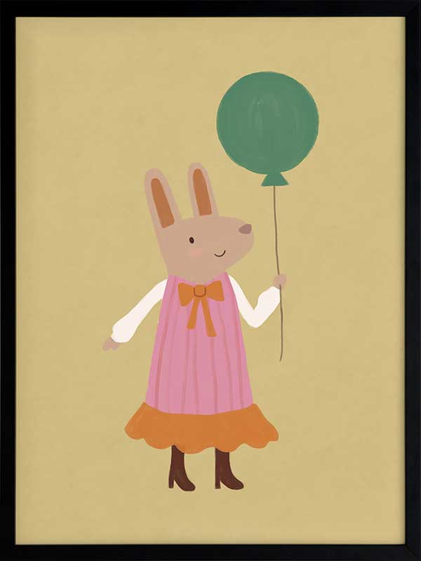 Rabbit in a pink striped dress holding a green balloon on a warm gold backdrop with pink accents, from the Little Tails Collection by Urban Road.