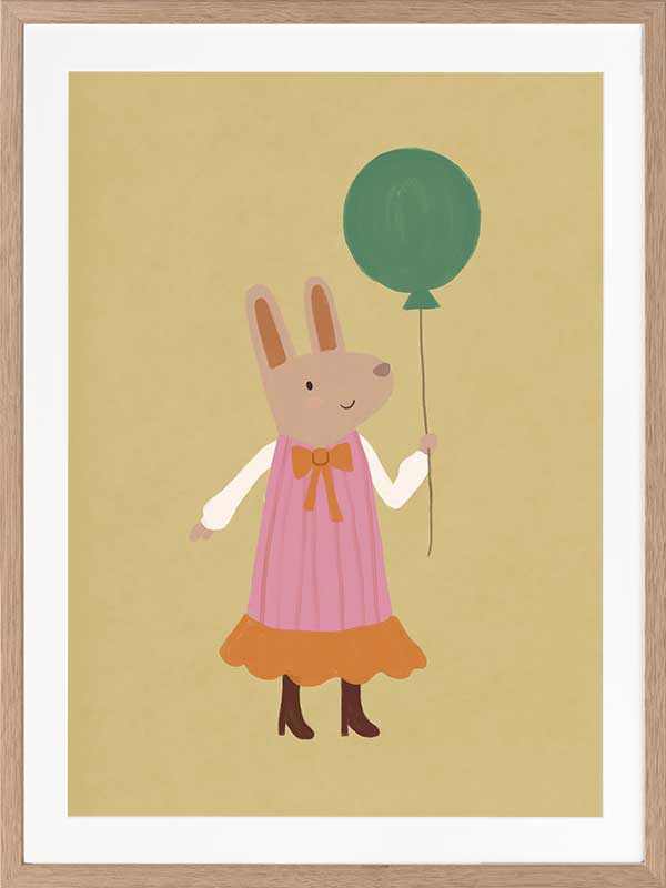 Rabbit in a pink striped dress holding a green balloon on a warm gold backdrop with pink accents, from the Little Tails Collection by Urban Road.