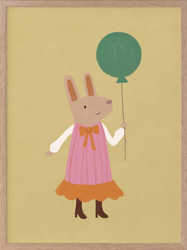Rabbit in a pink striped dress holding a green balloon on a warm gold backdrop with pink accents, from the Little Tails Collection by Urban Road.