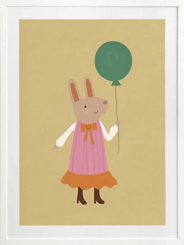 Rabbit in a pink striped dress holding a green balloon on a warm gold backdrop with pink accents, from the Little Tails Collection by Urban Road.