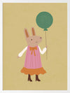 Rabbit in a pink striped dress holding a green balloon on a warm gold backdrop with pink accents, from the Little Tails Collection by Urban Road.