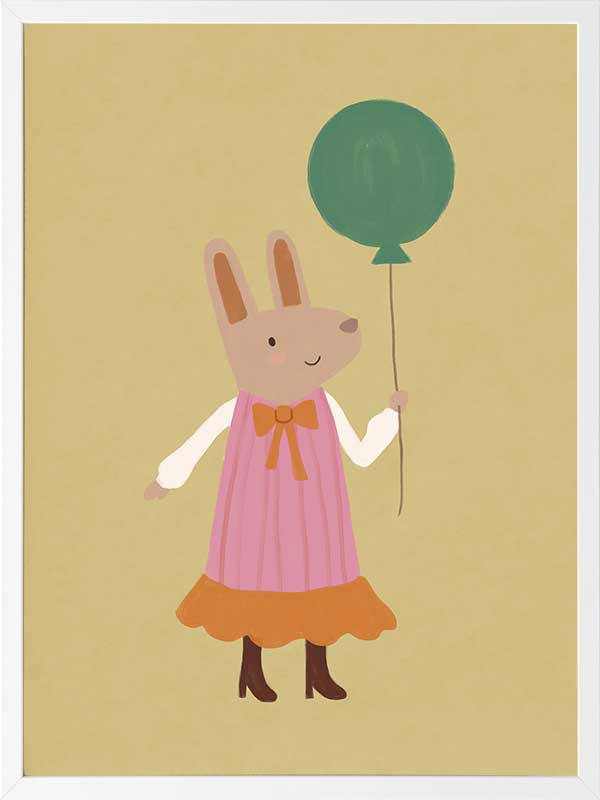Rabbit in a pink striped dress holding a green balloon on a warm gold backdrop with pink accents, from the Little Tails Collection by Urban Road.