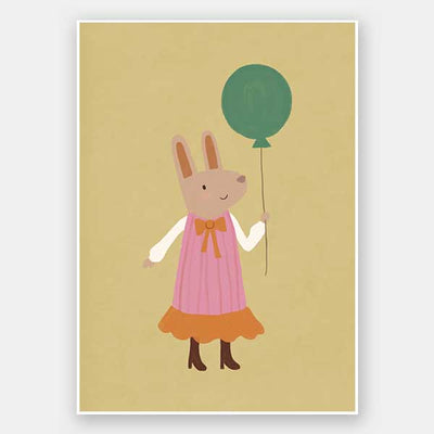 Rabbit in a pink striped dress holding a green balloon on a warm gold backdrop with pink accents, from the Little Tails Collection by Urban Road.
