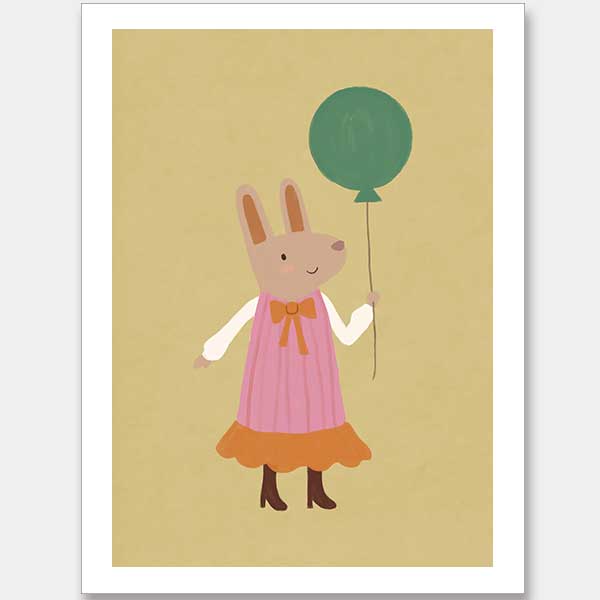 Rabbit in a pink striped dress holding a green balloon on a warm gold backdrop with pink accents, from the Little Tails Collection by Urban Road.