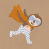 Clever sloth dashes forward in a cape and mask with warm browns and orange, from the Little Tails Collection by Urban Road.