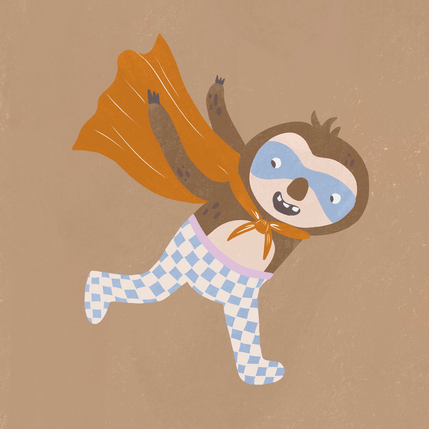 Clever sloth dashes forward in a cape and mask with warm browns and orange, from the Little Tails Collection by Urban Road.