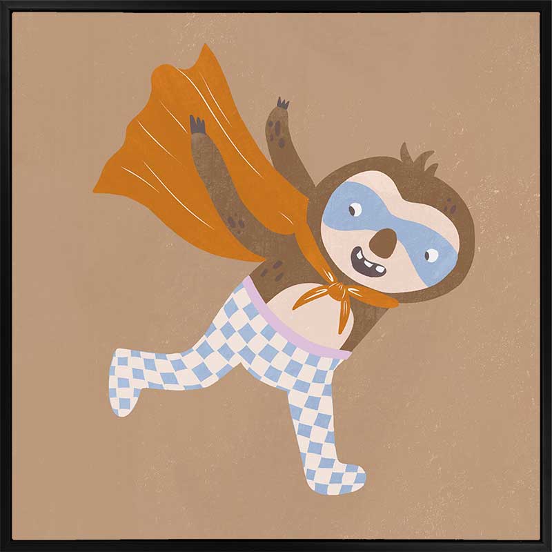 Clever sloth dashes forward in a cape and mask with warm browns and orange, from the Little Tails Collection by Urban Road.