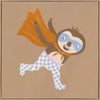 Clever sloth dashes forward in a cape and mask with warm browns and orange, from the Little Tails Collection by Urban Road.