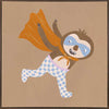 Clever sloth dashes forward in a cape and mask with warm browns and orange, from the Little Tails Collection by Urban Road.