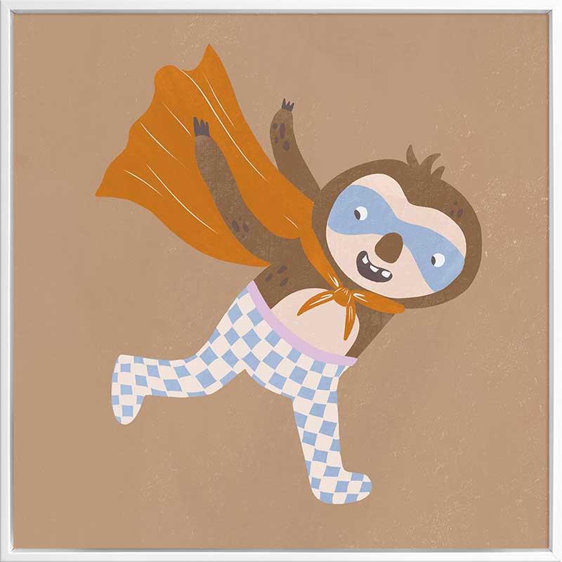Clever sloth dashes forward in a cape and mask with warm browns and orange, from the Little Tails Collection by Urban Road.
