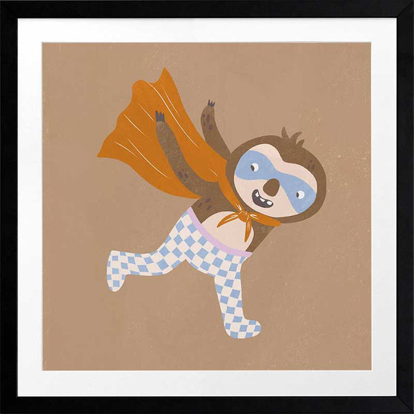 Clever sloth dashes forward in a cape and mask with warm browns and orange, from the Little Tails Collection by Urban Road.