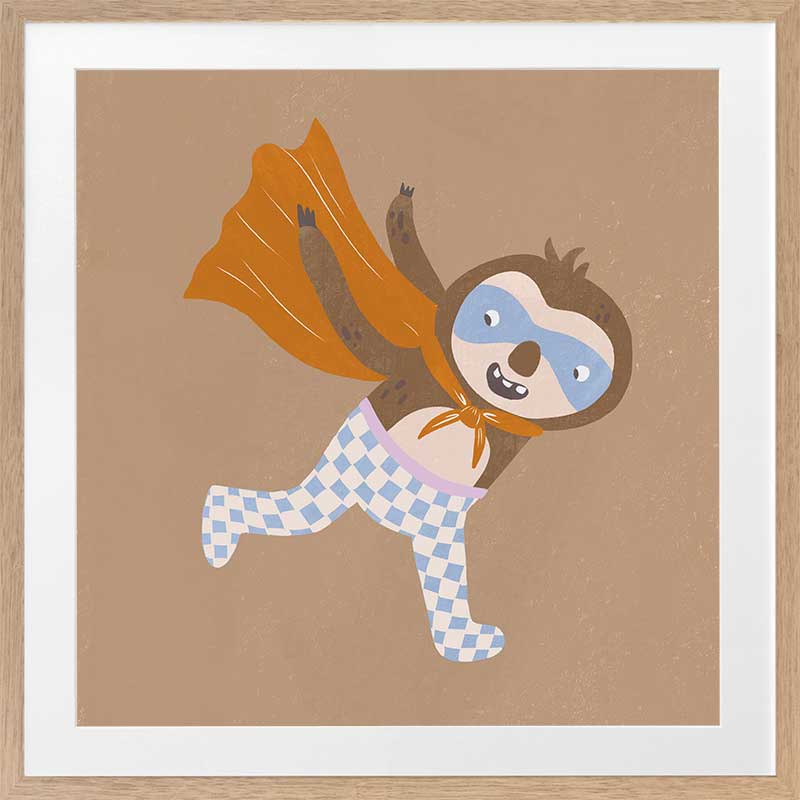 Clever sloth dashes forward in a cape and mask with warm browns and orange, from the Little Tails Collection by Urban Road.