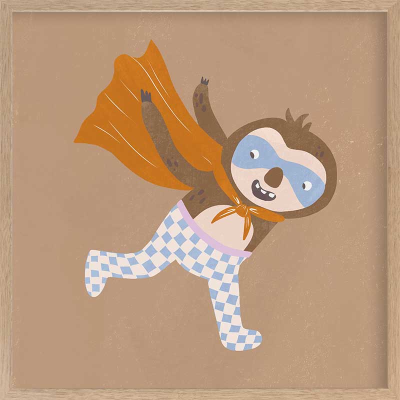 Clever sloth dashes forward in a cape and mask with warm browns and orange, from the Little Tails Collection by Urban Road.
