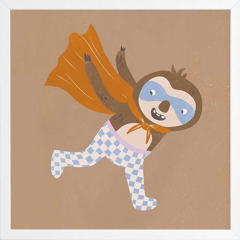 Clever sloth dashes forward in a cape and mask with warm browns and orange, from the Little Tails Collection by Urban Road.