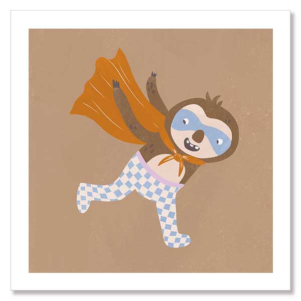 Clever sloth dashes forward in a cape and mask with warm browns and orange, from the Little Tails Collection by Urban Road.