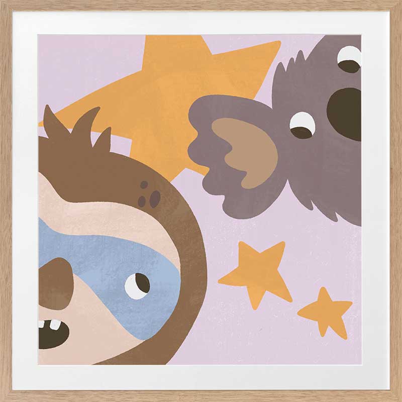 Sloth and koala peek among twinkling stars in a soft multicolour night scene, from the Little Tails Collection by Urban Road.