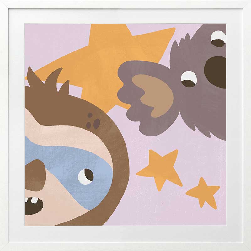 Sloth and koala peek among twinkling stars in a soft multicolour night scene, from the Little Tails Collection by Urban Road.