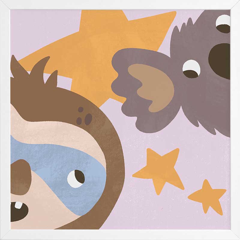 Sloth and koala peek among twinkling stars in a soft multicolour night scene, from the Little Tails Collection by Urban Road.