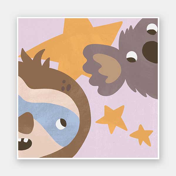 Sloth and koala peek among twinkling stars in a soft multicolour night scene, from the Little Tails Collection by Urban Road.