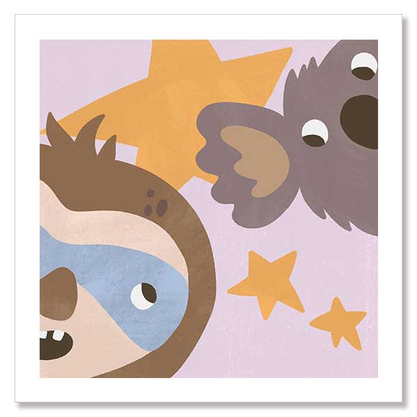 Sloth and koala peek among twinkling stars in a soft multicolour night scene, from the Little Tails Collection by Urban Road.
