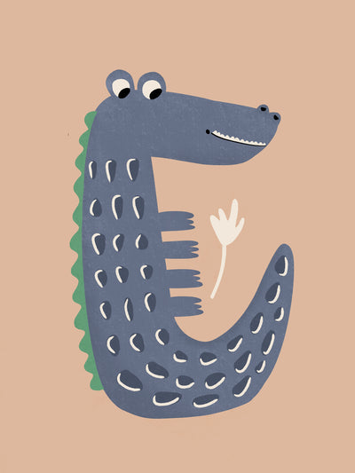 Smiling crocodile with blue-grey scales and friendly eyes on a warm brown background, from the Little Tails Collection by Urban Road.