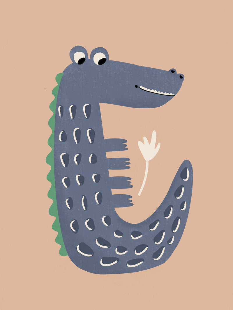 Smiling crocodile with blue-grey scales and friendly eyes on a warm brown background, from the Little Tails Collection by Urban Road.