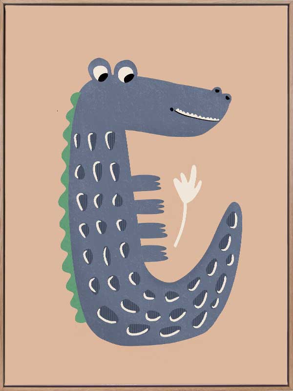 Smiling crocodile with blue-grey scales and friendly eyes on a warm brown background, from the Little Tails Collection by Urban Road.
