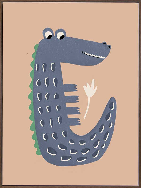 Smiling crocodile with blue-grey scales and friendly eyes on a warm brown background, from the Little Tails Collection by Urban Road.