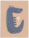 Smiling crocodile with blue-grey scales and friendly eyes on a warm brown background, from the Little Tails Collection by Urban Road.