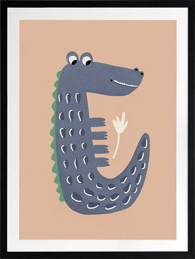 Smiling crocodile with blue-grey scales and friendly eyes on a warm brown background, from the Little Tails Collection by Urban Road.