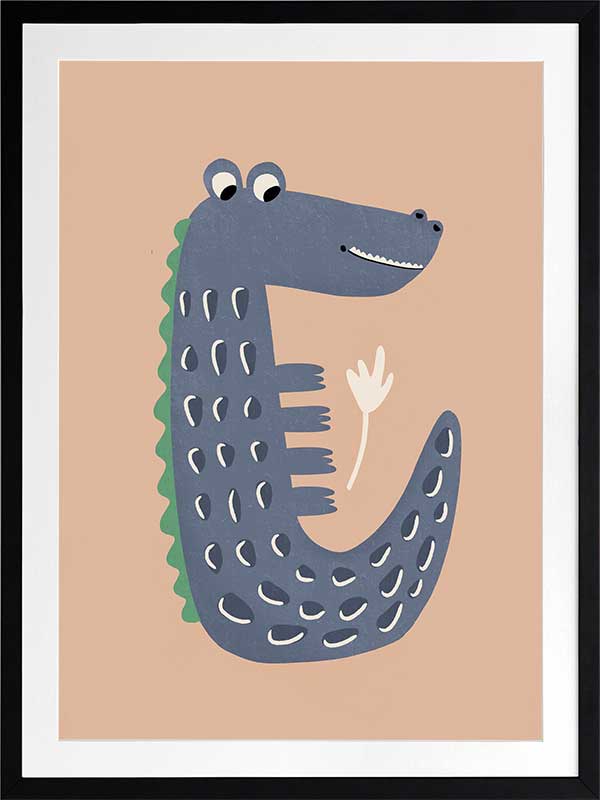 Smiling crocodile with blue-grey scales and friendly eyes on a warm brown background, from the Little Tails Collection by Urban Road.