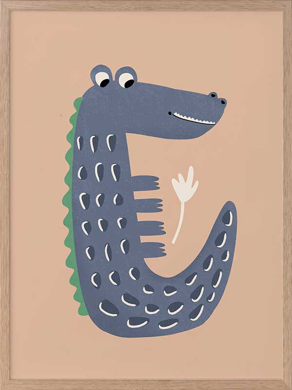 Smiling crocodile with blue-grey scales and friendly eyes on a warm brown background, from the Little Tails Collection by Urban Road.