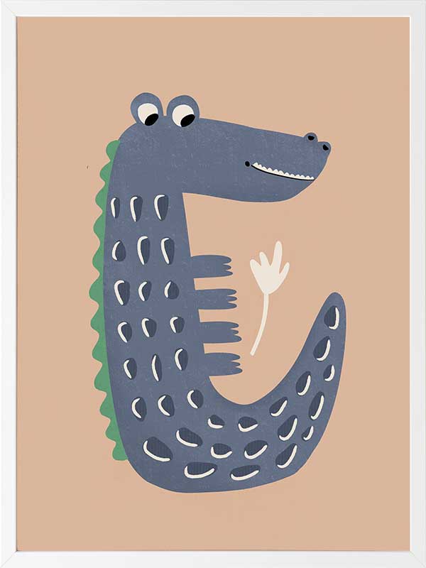 Smiling crocodile with blue-grey scales and friendly eyes on a warm brown background, from the Little Tails Collection by Urban Road.