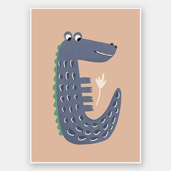 Smiling crocodile with blue-grey scales and friendly eyes on a warm brown background, from the Little Tails Collection by Urban Road.