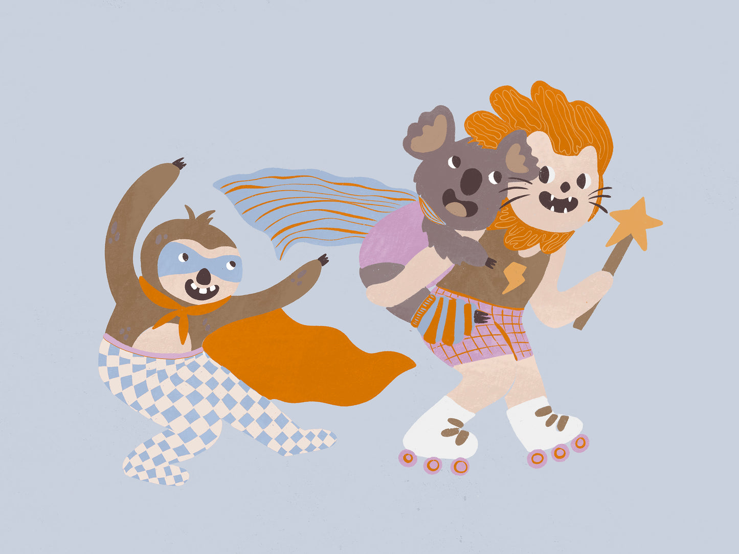Team of playful animal heroes race together with capes and skates on a light blue background, from the Little Tails Collection by Urban Road.