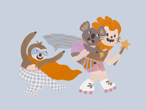 Team of playful animal heroes race together with capes and skates on a light blue background, from the Little Tails Collection by Urban Road.