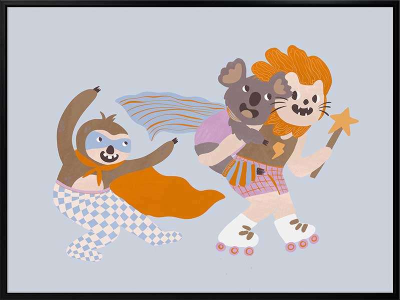 Team of playful animal heroes race together with capes and skates on a light blue background, from the Little Tails Collection by Urban Road.