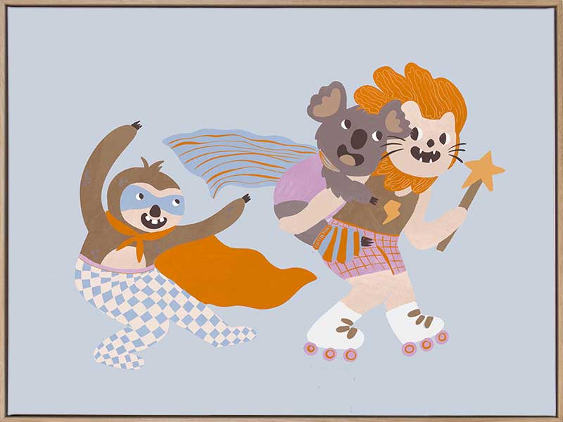 Team of playful animal heroes race together with capes and skates on a light blue background, from the Little Tails Collection by Urban Road.