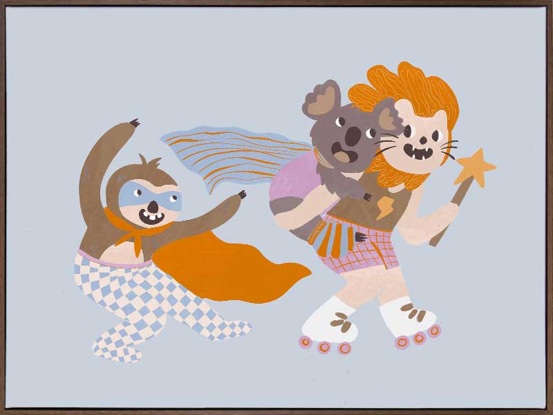 Team of playful animal heroes race together with capes and skates on a light blue background, from the Little Tails Collection by Urban Road.