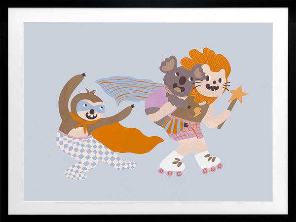 Team of playful animal heroes race together with capes and skates on a light blue background, from the Little Tails Collection by Urban Road.