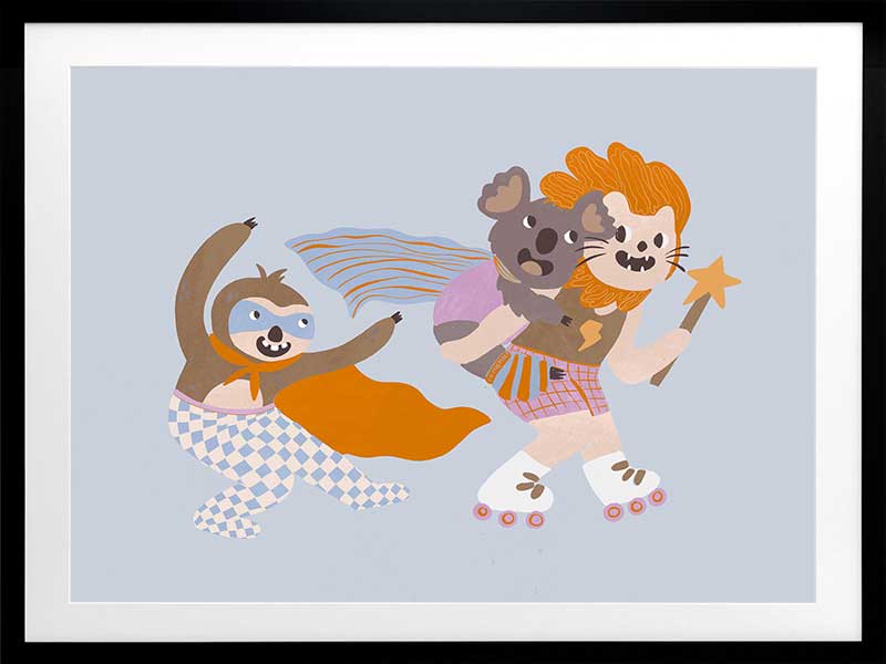 Team of playful animal heroes race together with capes and skates on a light blue background, from the Little Tails Collection by Urban Road.