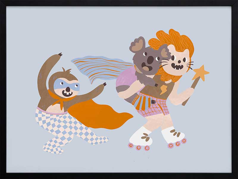 Team of playful animal heroes race together with capes and skates on a light blue background, from the Little Tails Collection by Urban Road.