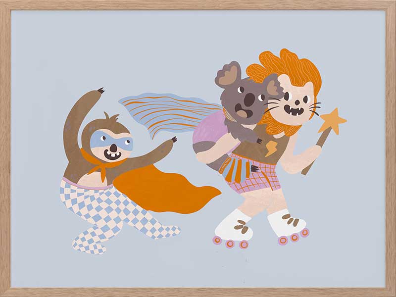 Team of playful animal heroes race together with capes and skates on a light blue background, from the Little Tails Collection by Urban Road.