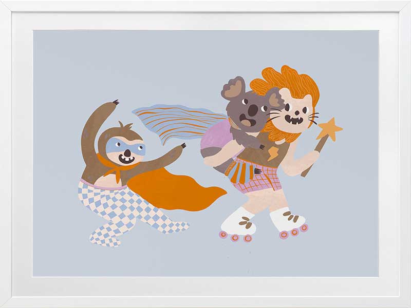 Team of playful animal heroes race together with capes and skates on a light blue background, from the Little Tails Collection by Urban Road.